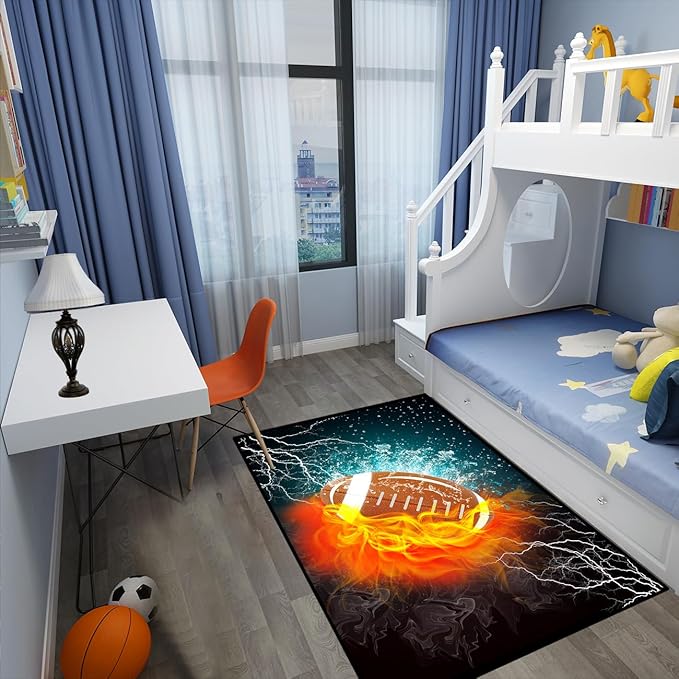Football Rug Football Decor for Boys Bedroom Football Rug Water and Fire Cool Room Decoration Soccer Rug for Boys Room Football Printed Rug for Kids Room Playmat Rugs for Kid Room Living Room,2'5''×4'