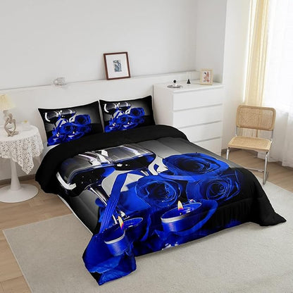 Erosebridal Rose Floral Bedding Set Full 3D Blue Rose Wine Glass Comforter Set for Women Men Adult Romantic Valentine's Day Blossom Quilt Set Banquet Flower Duvet Set, Black Gray Down Comforter