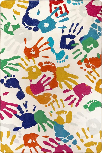 Handprints and Footprints Kids Rug Play Carpet, 4'x6' Washable Colorful Area Rug for Nursery Room, Ultra Soft Non-Slip Indoor Play Mat for Bedroom Playroom Classroom