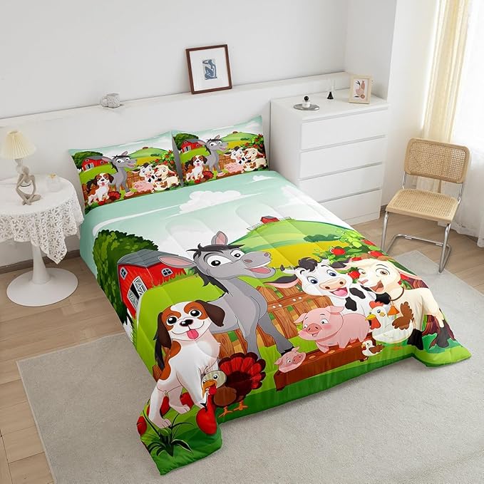 Cute Farm Animals Bedding Set Kids Cartoon Pig Dog Cow Horse Comforter Set for Boys Girls Teens Nature Country Comforter Farmhouse Rustic Duvet Set Colorful Decor Quilt King Size Boys