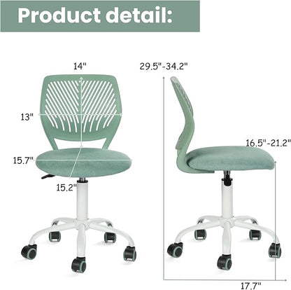 FurnitureR Writing Task Chair for Teens Boys Girls 360 Rolling Wheels Fabric Soft Pad Seat Breathable Backrest, Height Adjustable Liftup 29.5"-34.3", Morandi AQUA