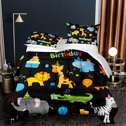 Cartoon Animals Lion Elephant Giraffe Comforter Set Twin Set for Kids Birthday Gift Bedding All Season Colorful Black Room Decor