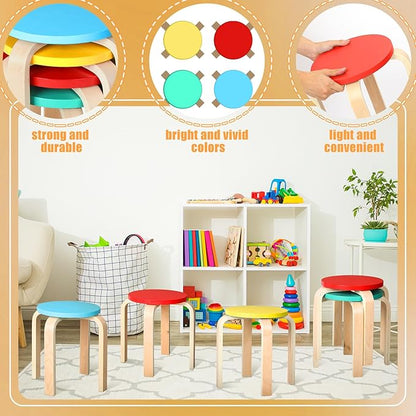 4 Pcs 12 Inch Bentwood Stacking Stool for Kids Colored Durable Round Nesting Stool Flexible Wood Stackable Stool Chairs for Playroom Daycare Home Classroom (Bright Color)