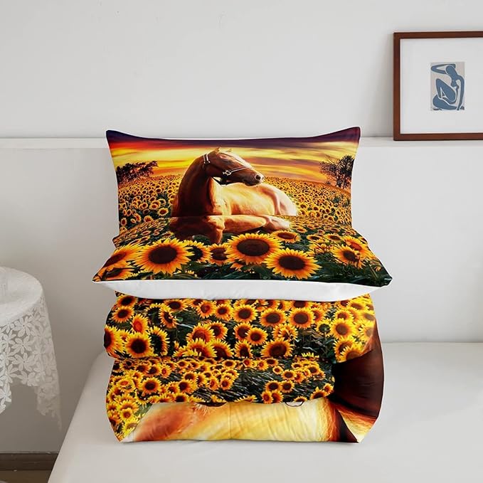 Erosebridal Brown Horse Comforter Set King Size for Kids Adult Teens Farmhouse Decor Sunflower Bedding with Sunset, Cowboys 3D Wild Animal Horse Print Quilt Rustic Style Cowgirls Down Comforter