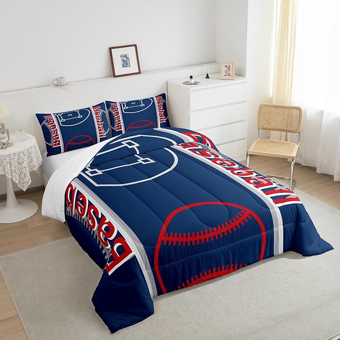 Feelyou Baseball Print Bedding Set Twin Size Sports Game Comforter Set for Kids Boys Girls Decor Baseball Gaming Comforter Microfiber Ball Duvet Set Bedroom Quilt Set