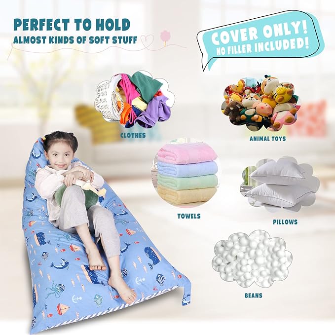 Stuffed Animal Storage Bean Bag Chair Cover, Cotton Blue Marine Life Plush Toy Storage Stuff and Sit Seat for Kids/Teens/Adults,52" x 31" Extra Large Triangle Floor Sofa, 200L/52Gal,Cover Only