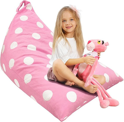 Aubliss Stuffed Animal Storage Bean Bag Chairs Cover, 50"x 35" Extra Large Bean Bags Chair for Kids & Adults, Beanbag Toy Storage for Boys Girls - Premium Cotton Canvas Pink Dot