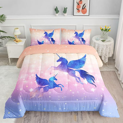 Datura home Bedding Comforter Set Starry Sky Unicorn Printed Pattern Quilt with 1 and 2 Pillowcases for Girls Bedroom All Season(Purple Queen) Queen 90x90inches