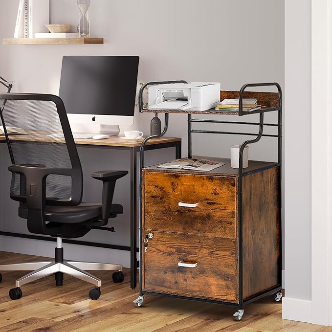 Vertical File Cabinet, 2 Drawer Mobile Filing Cabinet with 1 Bookshelf, Printer Stand with Open Storage Shelves Fits A4/Letter/Legal Size File Cabinets for Home Office Organizer, Brown
