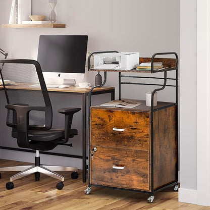 Vertical File Cabinet, 2 Drawer Mobile Filing Cabinet with 1 Bookshelf, Printer Stand with Open Storage Shelves Fits A4/Letter/Legal Size File Cabinets for Home Office Organizer, Brown