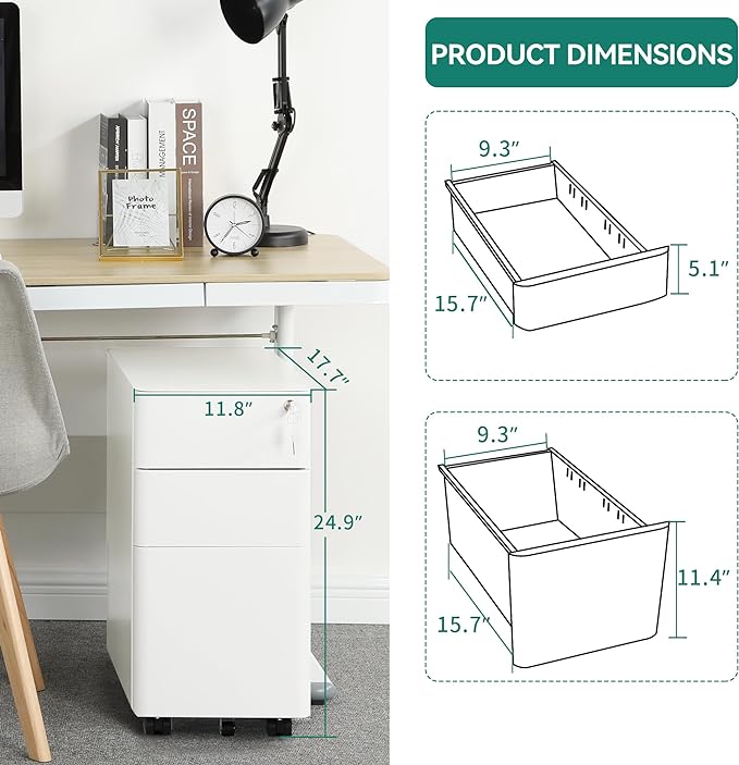 YITAHOME 3-Drawer Metal Filing Drawers with Keys, Compact Slim Portable File Pre-Built Office Storage Cabinet for A4/Letter/Legal (White)