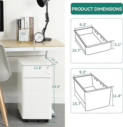 YITAHOME 3-Drawer Metal Filing Drawers with Keys, Compact Slim Portable File Pre-Built Office Storage Cabinet for A4/Letter/Legal (White)