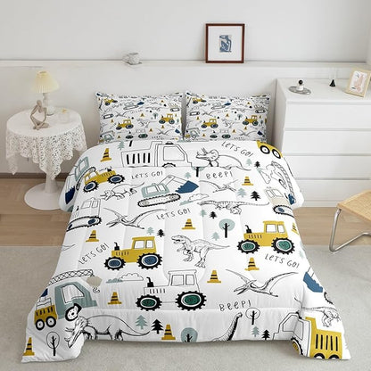 Feelyou Construction Comforter Set Queen Size Kids Cartoon Car Excavator Tractor Toddler Comforter Equipment Trucks Dinosaur Comforter Set Construction Vehicles White Yellow Duvet Set Quilt Set