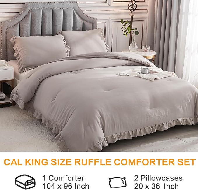 Andency California King Comforter Set Wheat (104x96Inch), 3 Pieces Cal King Ruffle Comforter, Oversized Farmhouse Shabby Chic Bed Comforter, Lighteweight and Soft Microfiber Bedding Set