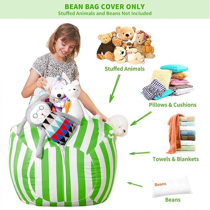 Aubliss Stuffed Animal Bean Bag Storage Chair, Beanbag Covers Only for Organizing Plush Toys, Turns into Bean Bag Seat for Kids When Filled, Medium 32"-Canvas Stripes Green/White