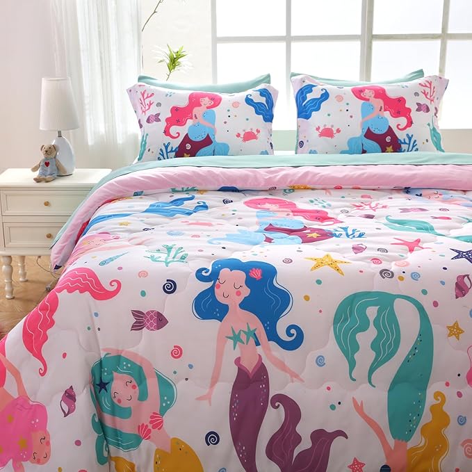 Wajade Kids Mermaids Comforter Set Bed in A Bag Twin Size 7 Piece Colorful 3D Cartoon Mermaids Bedding Set for Girls (1 Comforter, 1 Flat Sheet, 1 Fitted Sheet, 2 Pillowcase and 2 Pillow Sham)
