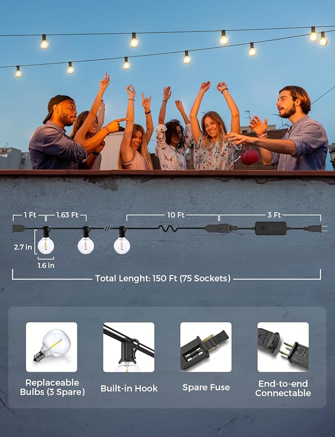 XMCOSY+ Smart Outdoor String Lights, 150Ft G40 Globe Patio Lights with 75 LED Bulbs, WiFi & APP Control, Work with Alexa, Extendable Waterproof Dimmable LED String Lights for Outside, Porch, Cafe