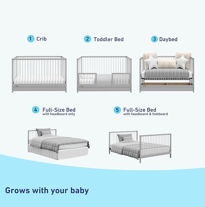 Graco Teddi 5-in-1 Convertible Crib with Drawer (Pebble Gray with White) – GREENGUARD Gold Certified, Crib with Drawer Combo, Full-Size Nursery Storage Drawer, Converts to Toddler Bed