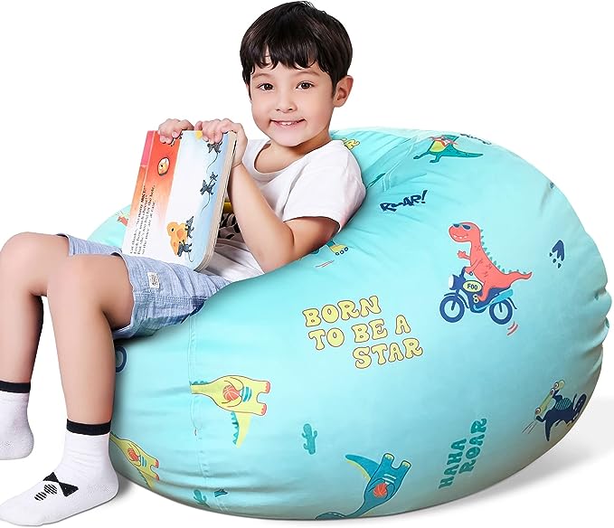Lukeight Stuffed Animal Storage Bean Bag Chair Cover for Kids, Dinosaur Zipper Beanbag Chair Cover for Organizing Toddler & Kids' Rooms Plush Toys (Dino Blue, Large)