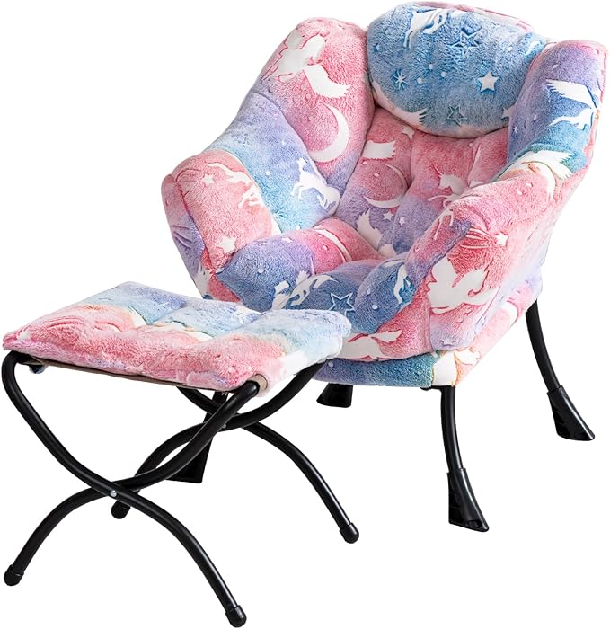 Welnow Toddler Kids Lazy Chair with Ottoman, Glow in The Dark Accent Comfy Lounge Children Armchair Couch with Removable Cover, Detachable Reading Chair with Footrest for Boy or Girl