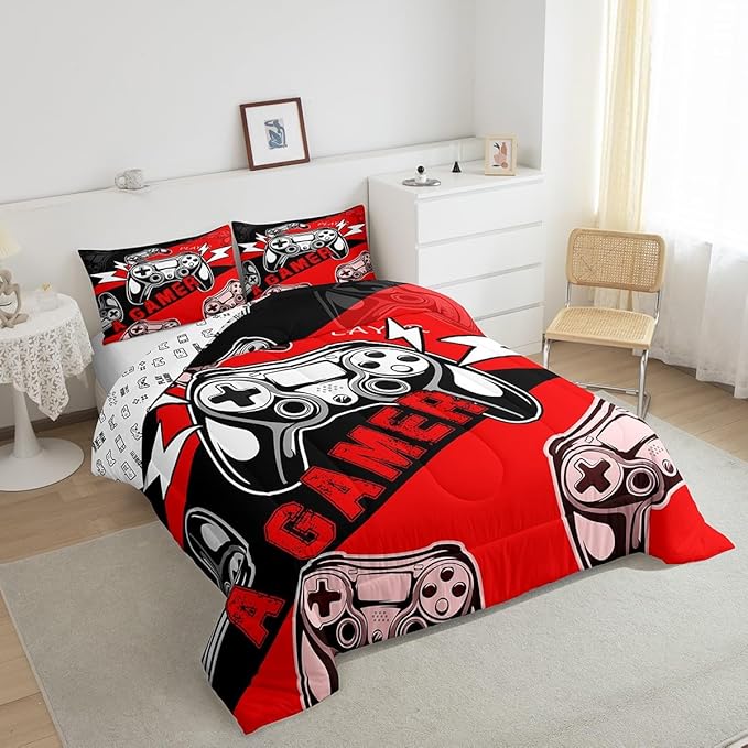 Erosebridal Twin Comforter Set for Boys Girls Kids,Gamer Comforter Sets for Boys Teens Video Game Bedding Set,Gaming Console Comforter Bedroom Decor Red Black 2Pcs