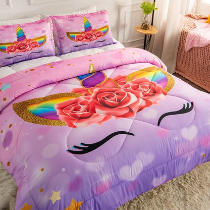 Unicorn Full Bedding Sets for Girls Kids Comforter Set Full Size with 2 Pillowcases Purple Unicorn Room Decor for Girls Bedroom Ultra Soft Machine Washable Toddler Bed Set