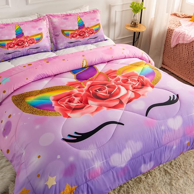 Unicorn Queen Bedding Sets for Girls Kids Comforter Set Queen Size with 2 Pillowcases Purple Unicorn Room Decor for Girls Bedroom Ultra Soft Machine Washable Toddler Bed Set