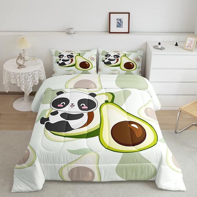 Kids Cute Panda Bedding Set Twin Kawaii Avocado Comforter Set for Boys Girls Bedroom Dorm Decor,Fruit Cartoon Exotic Animal Bedding Comforter Sets Giant Panda Bed Quilt Sets 2 Pcs Green Black White