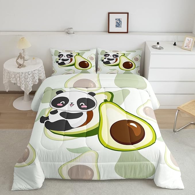 Erosebridal Panda Comforter Set Queen,Avocado Bedding Set Cute Black White Panda Bedding Bear Cat Bedding Comforter for Kids Boys Girls Green Tropical Fruit Quilt Duvet Set Room Decor 2 Pillow Cases