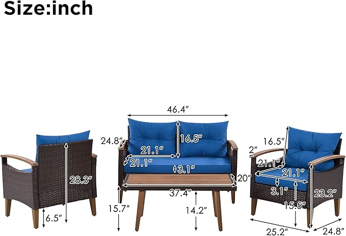 Merax Patio Furniture Sets 4 Pieces, All Weather Outdoor PE Rattan Sofa with Wood Table and Legs, for Lawn, Backyard, Poolside or Garden, Blue