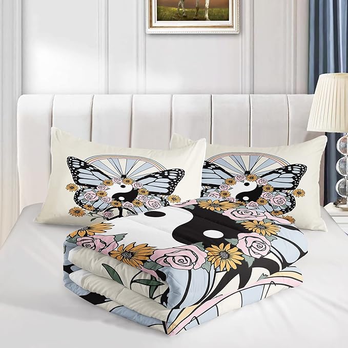 CVHOUSE Butterfly Bedding Set,Butterfly Comforter Queen,Butterfly Comforter Set for Girls Kids Teens,Butterflies Quilt Set with 1 Comforter and 2 Pillow Cases- 3 Piece