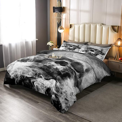 Erosebridal Skull Comforter Set King, Halloween Down Comforter, Gothic Fog Smoke Skull Skeleton Quilted Duvet, Grey Bedding Comforters for Young Man Boy Teens, Room Decorative, Soft Duvet Insert