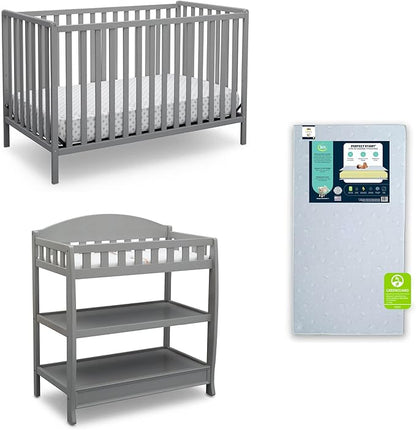 Delta Children Heartland 4-in-1 Convertible Crib Infant Changing Table with Pad + Serta Perfect Start Crib Mattress, Grey