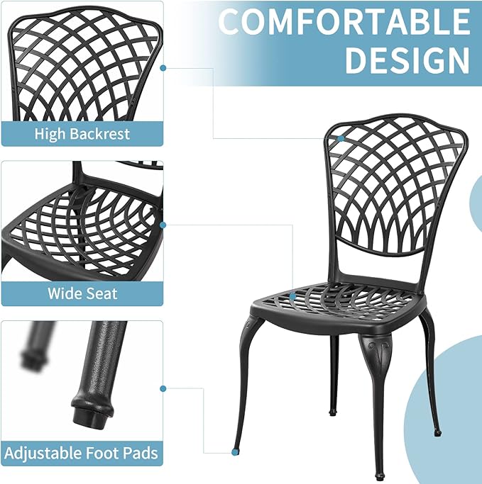 Black Cast Aluminum Bistro Set 3 Piece Outdoor,Small Patio Table and Chairs with Umbrella Hole,Outdoor Bistro Set for Front Porch Set Woven Patio Set for Garden,Yard(Black)