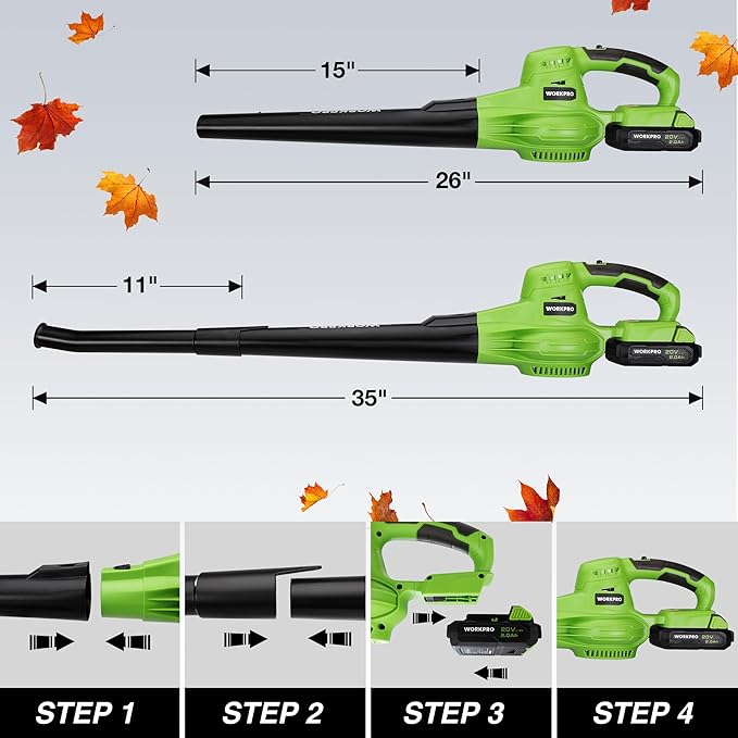 WORKPRO Cordless Leaf Blower, 20V Battery Powered Leaf Blower for Lawn Care, 2-Speed Control Lightweight Mini Electric Leaf Blower wih Battery and Charger