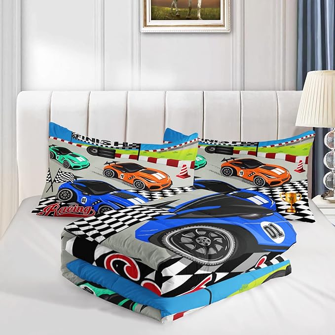 Axolotl Racing Car Bedding Set Full,Cool Speed Race Car Down Comforter for Kids Boys Girls Teens,Racing Car Comforter Set Car Theme with Three Cars Arrive at Finish,1 Comforter and 2 Pillowcases