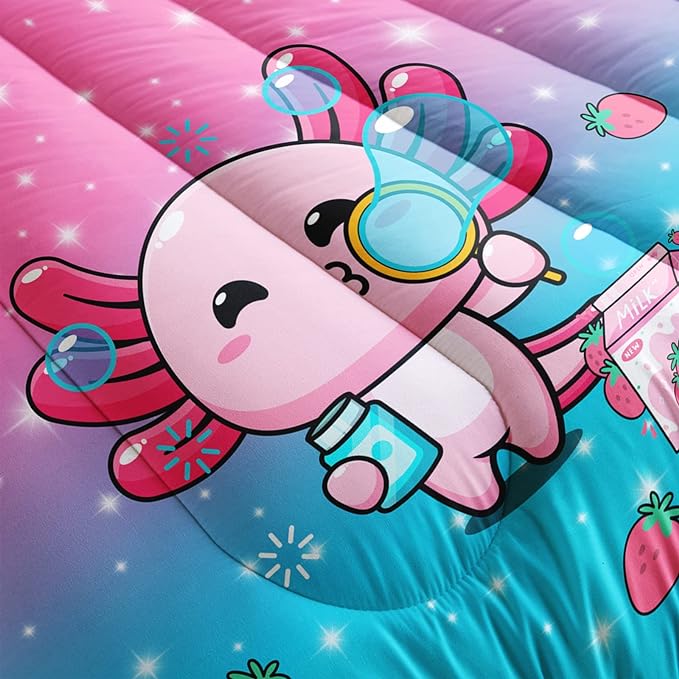 Kawaii Axolotl Comforter,Pink Salamander Comforter Set for Kids Teens Girls,3Pcs Bedding Set Printed Comforter with 2 Pillowcases,Down Alternative,Soft and Lightweight(Pink，Queen Size)