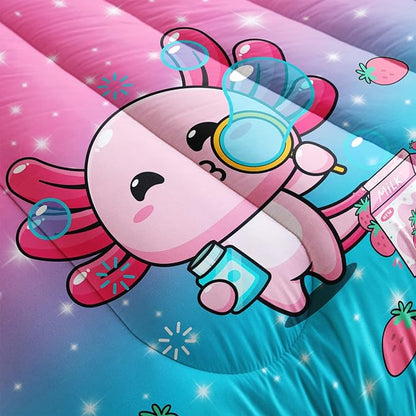 Kawaii Axolotl Comforter,Pink Salamander Comforter Set for Kids Teens Girls,3Pcs Bedding Set Printed Comforter with 2 Pillowcases,Down Alternative,Soft and Lightweight(Pink，Full Size)