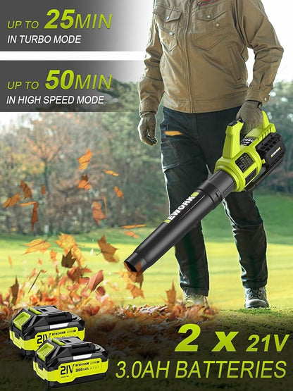 EWORK Cordless Leaf Blower with (2) 3.0Ah Battery and Fast Charger - 400CFM 21V Electric Leaf Blower Cordless, Variable Speed and Turbo Mode - Battery Powered Leaf Blowers for Lawn Care, Yard