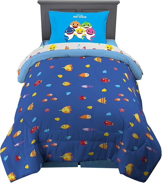 Franco Kids Bedding Super Soft Comforter and Sheet Set, 4 Piece Twin Size, Baby Shark