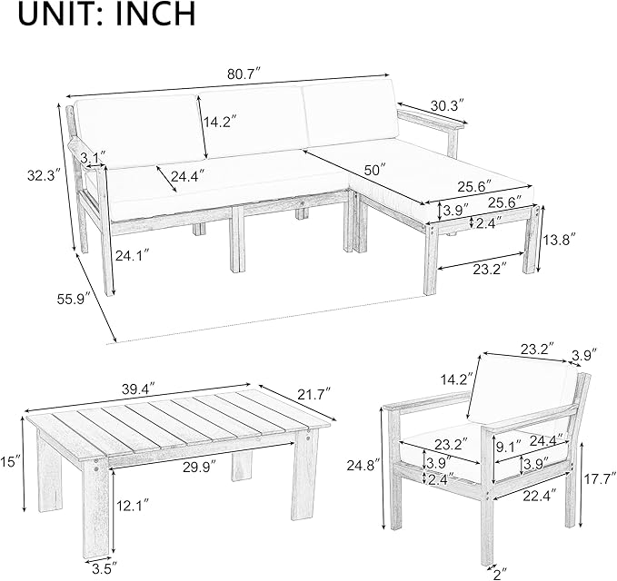 Outdoor Patio Furniture Set with Acacia Wood L-shaped Sectional Sofa, Armchair and A Small Table, 4-Piece for Gardens Backyards Balconies, Onesize, Beige Cushions