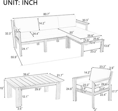 Outdoor Patio Furniture Set with Acacia Wood L-shaped Sectional Sofa, Armchair and A Small Table, 4-Piece for Gardens Backyards Balconies, Onesize, Beige Cushions