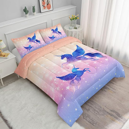Datura home Bedding Comforter Set Starry Sky Unicorn Printed Pattern Quilt with 1 and 2 Pillowcases for Girls Bedroom All Season(Purple Full) Full 80x90inches