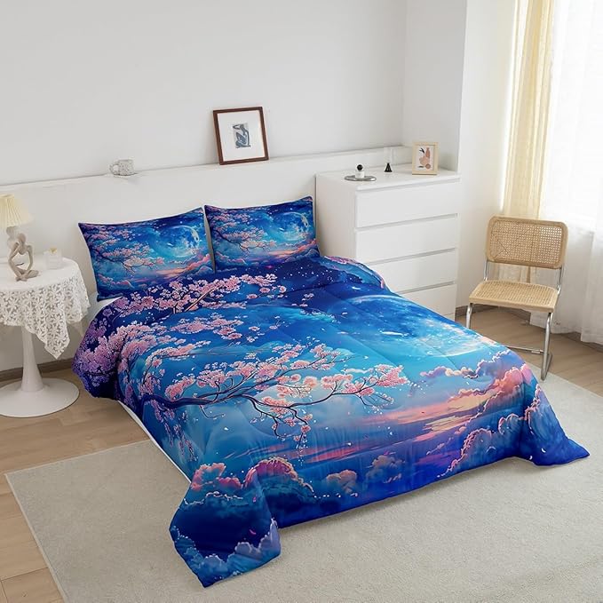 Manfei Cherry Blossoms Comforter Set King Size,Moonnight Cloud Starry Sky Bedding Set,Girls Women Room Decor,Sakura Flowers Chinese Style Down Comforter,Pink Blue Romantic Duvet Insert,2 Pillowcases