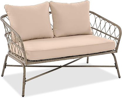Merax Outdoor Patio Furniture Sets, Bohemia-Inspired Wicker Conversation Seating Group, with Soft Cushions and Wood Tabletop, 4 PCS, Beige