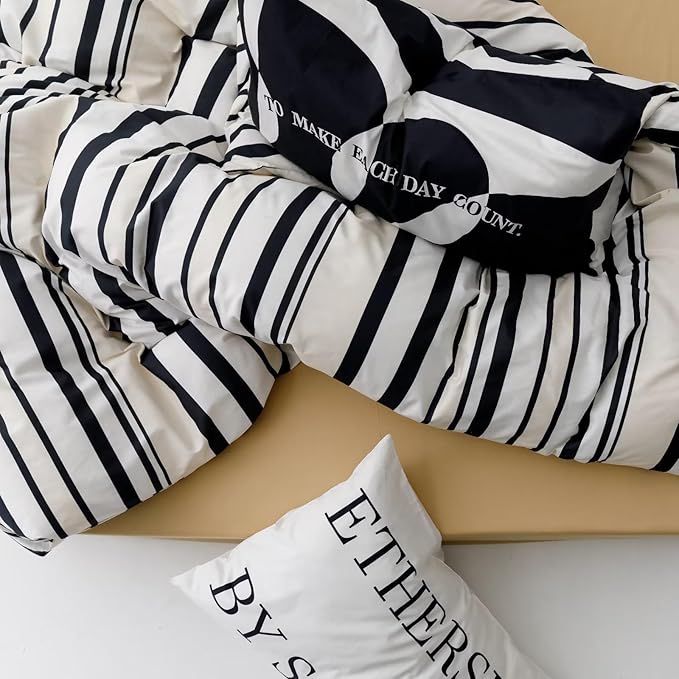 Striped Comforter Queen Black White Comforter 3 Pieces Soft Stripes Comforter Set 1 Striped Queen Comforter (90x90 inches) with 2 Pillowcases (20x26 inches)