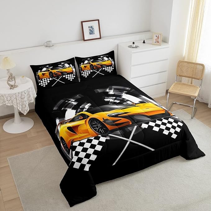 Yellow Race Car Comforter Set King Size, Black and White Grid Quilt Set Extreme Sport Games Bedding Comforters 3pcs for Kids Teens Boys Girls Room Decor,Modern Stylish Duvet Set with 2 Pillowcases