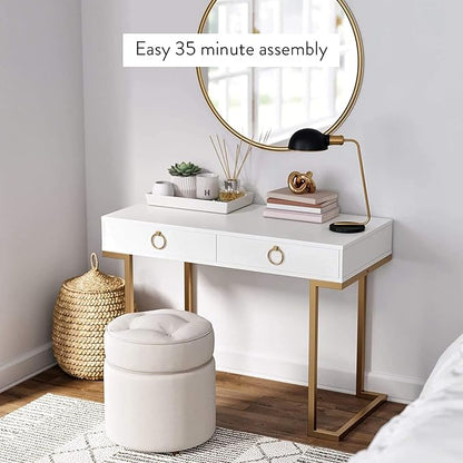Nathan James Leighton Two-Drawer Writing Glam Accents Brass, Home Office Computer Desk or Vanity Table, 2, White/Gold, Small