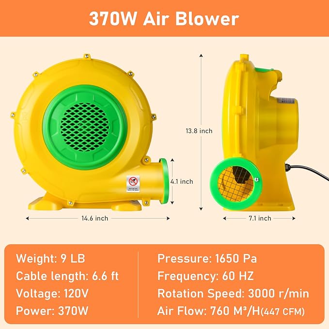 370W 0.5HP Air Blower: Bounce House Blower - Commercial Electric Blower for Inflatables - Work for Bouncy Castle Jump Slides Water slides Inflatable Arch