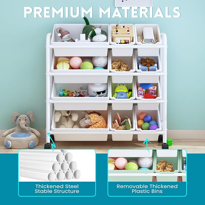Kids Toy Storage Organizer with 12 Plastic Bins, 4-Tier Metal Toy Storage Rack, Metal Toy Organizer with Storage Bins for Kids Room, Playroom and Nursery, White